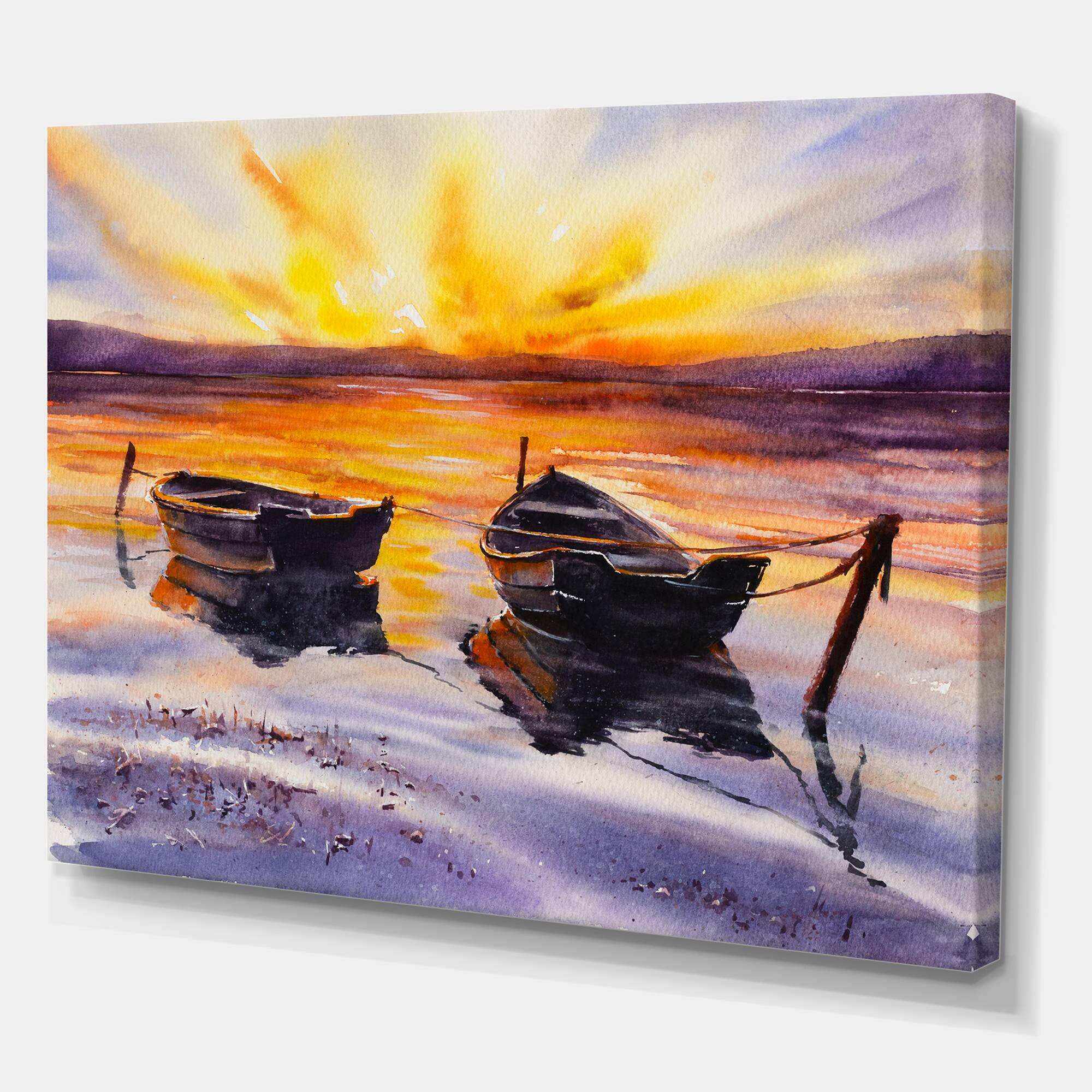 Designart - Sunset and Two Small Boats Parking On The Shore